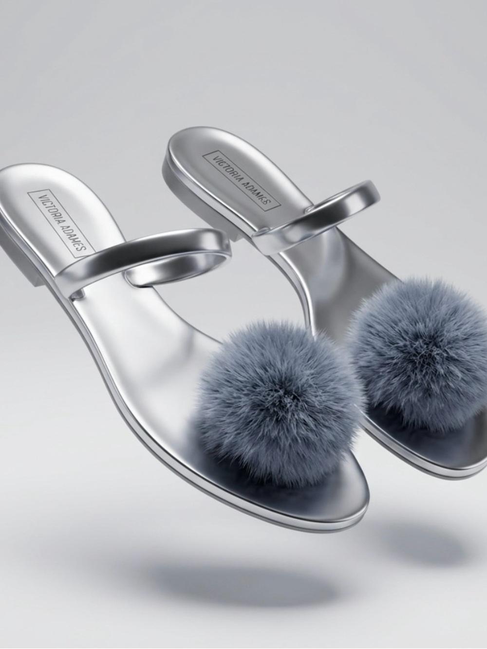 Silver Slide Sandals with Blue Pom Pom